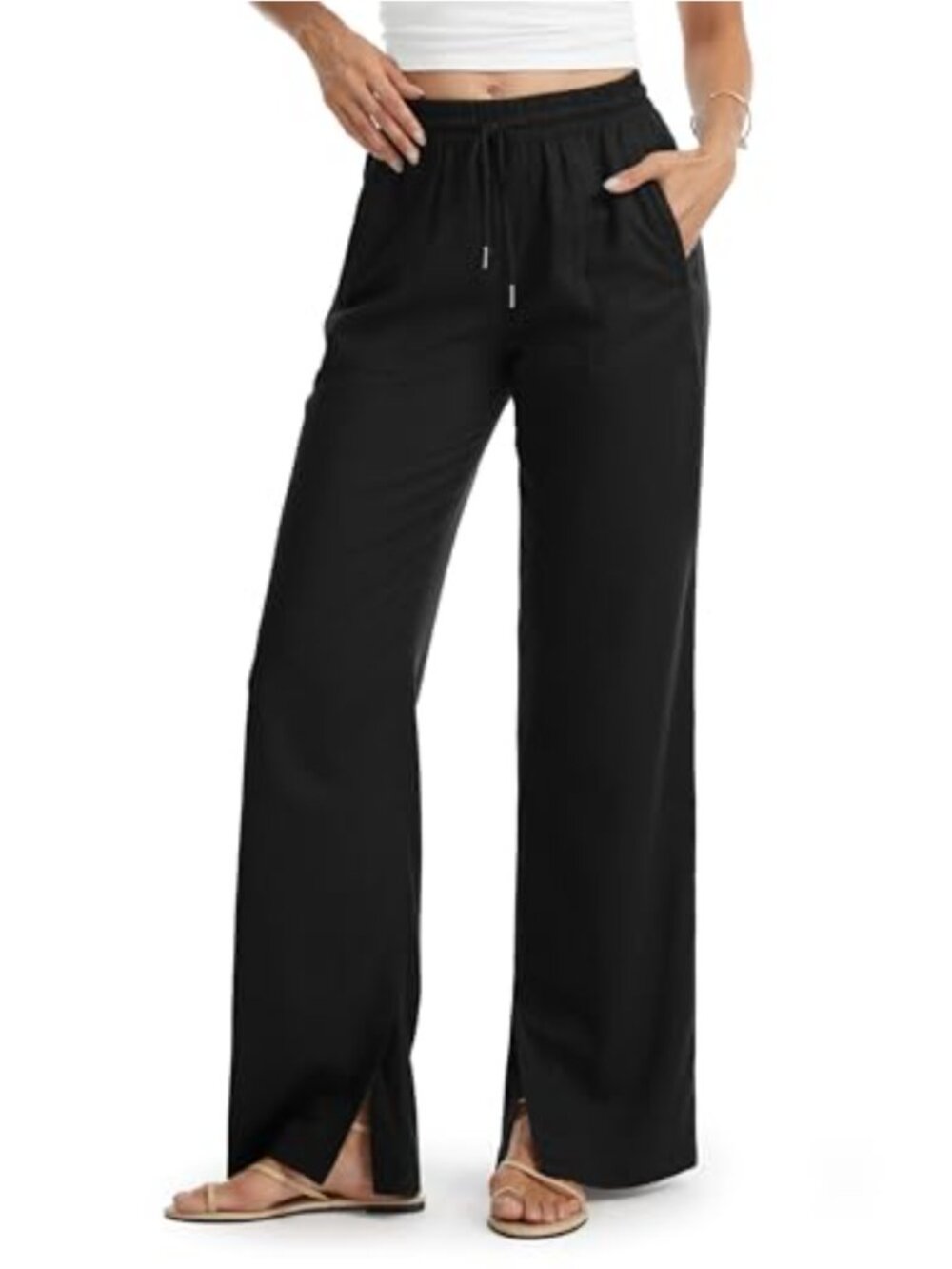 Tall Women Linen Blend Wide Leg Palazzo Pants with Pockets